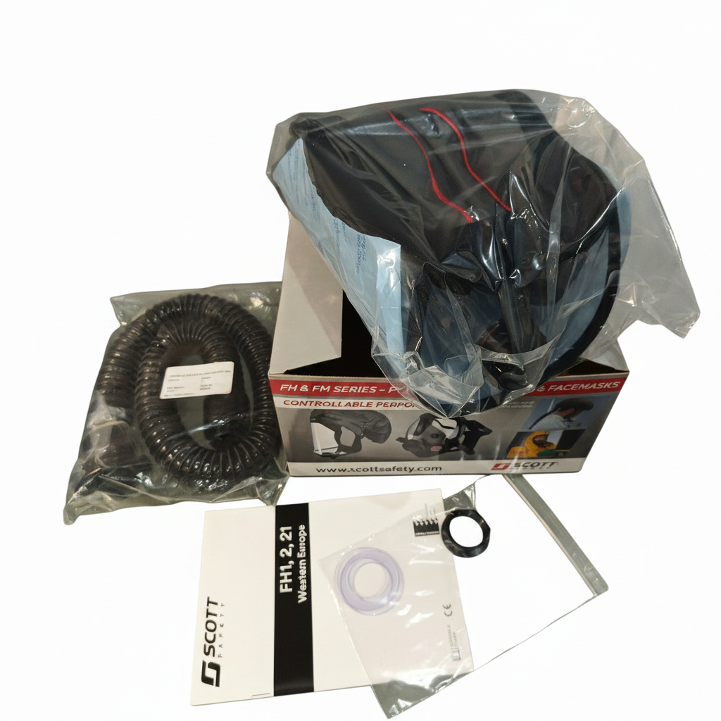 Scott Safety FH1 headtop hood with breathing hose, user manual, CD and connector ring on white background