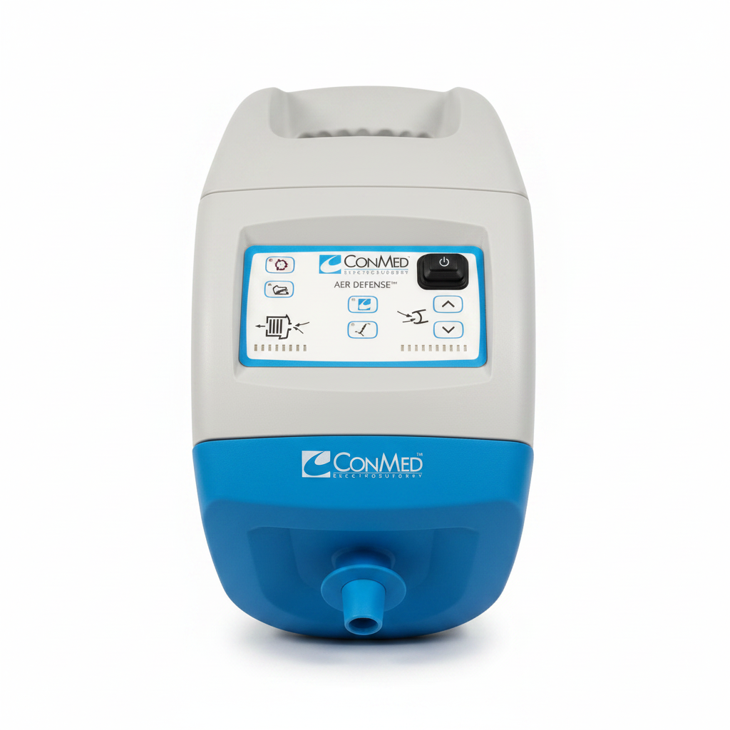 Conmed AER Defense smoke evacuation system with white and blue body, control panel and suction port on white background