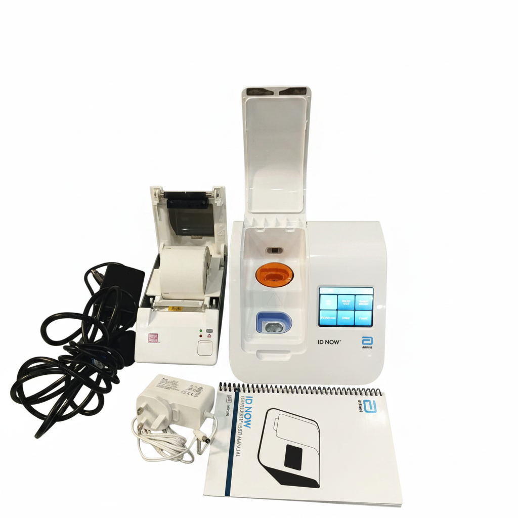 Abbott ID NOW rapid molecular testing instrument with thermal printer, power adapter and user manual on white background